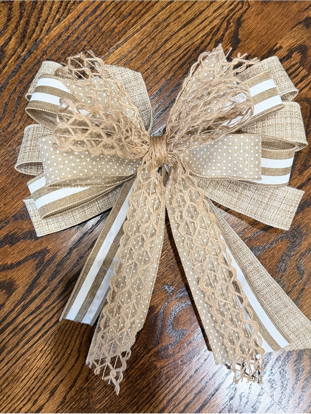 Neutral Beige Burlap Decorative Bow - Home Holiday Wreath Accent